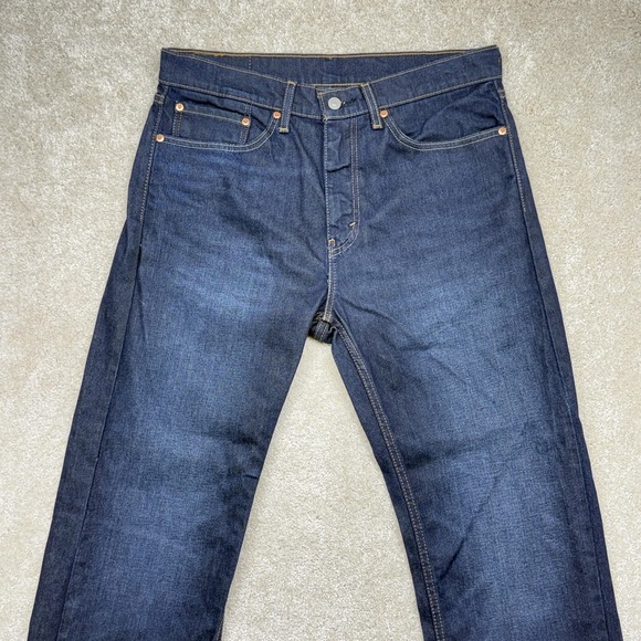 Levis 505 Jeans Mens 34x32 Blue Dark Wash Denim Straight Leg Regular Fit Stretch - Picture 2 of 14